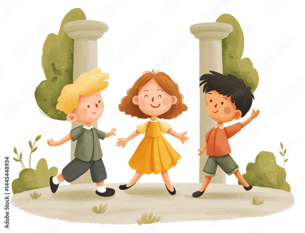 Three cheerful children playing together in a garden isolated on transparent background.