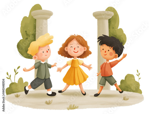 Obraz na płótnie Three cheerful children playing together in a garden isolated on transparent background. w salonie
