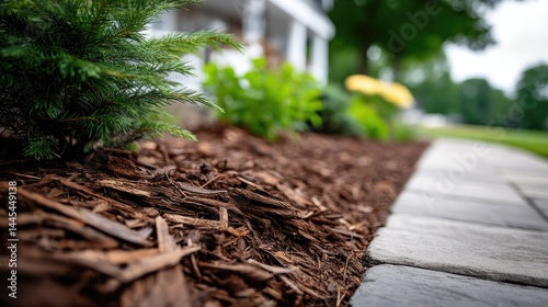 Close-up view of rich brown mulch contrasting with green bushes and a paved path in a well-maintained front yard