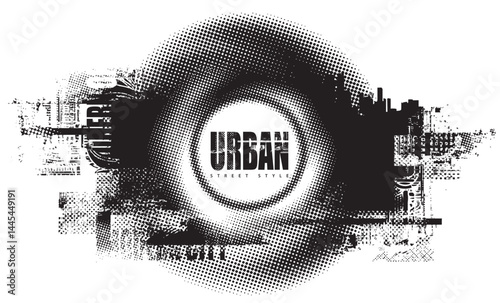 Abstract vector banner on the theme of urbanism, street art, digital technology and photo studios against the background of the architecture of a city, pixels. T-shirt design, poster. No AI used