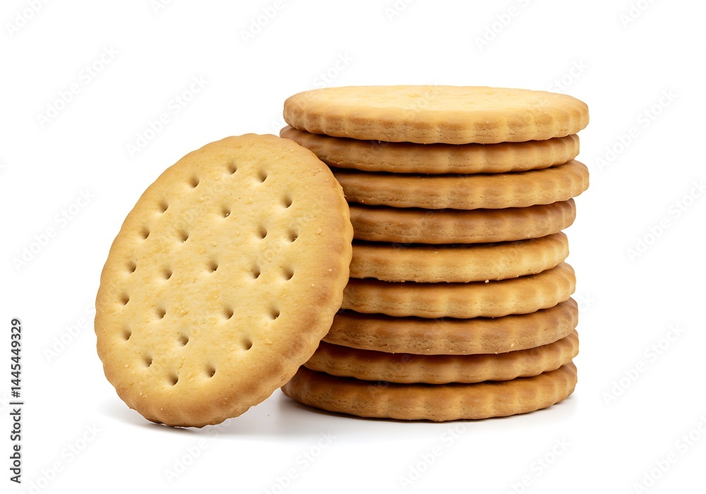 A stack of round crackers with small holes and a single cracker leaning on the stack isolated on white A stack of round crackers with small holes and a single cracker leaning on the stack isolated on white