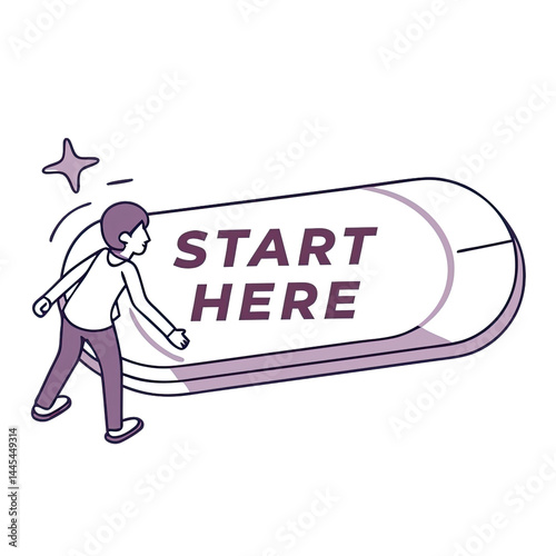Character walks toward a large start here button set against a blank background inviting action and encouraging engagement in digital platforms