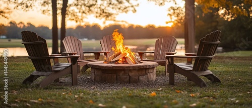 Sunset fire pit scene with wooden chairs
