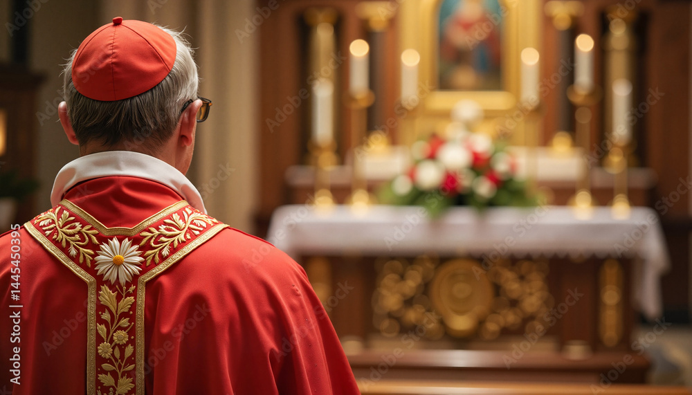 Obraz premium Cardinal in Red Robes Praying at Alter with Flowers 