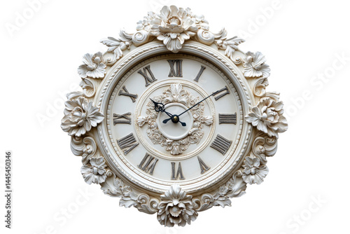 Elegant antique clock with ornate detailing classic Roman numerals and a creamy white finish against