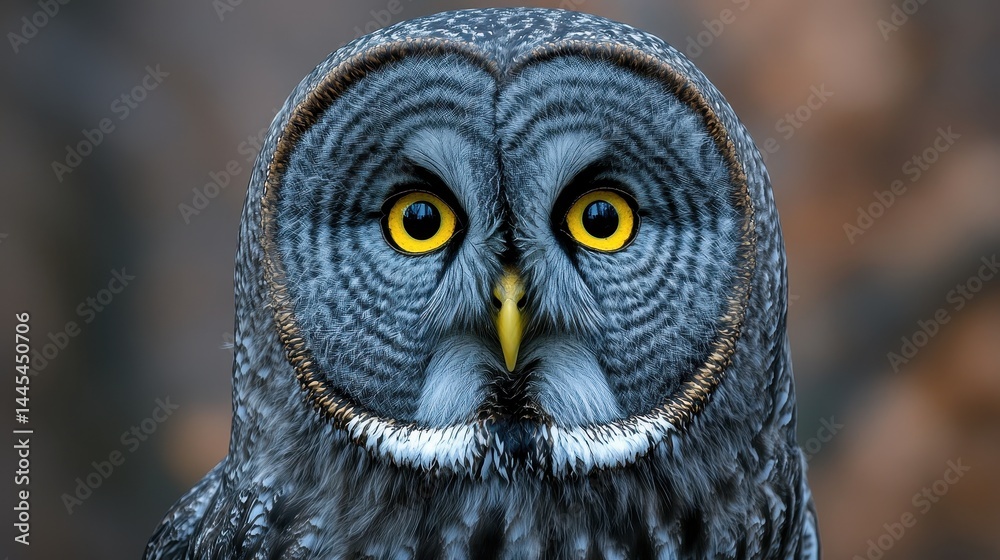 Close-up portrait of a great gray owl with striking yellow eyes