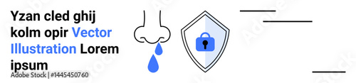 Nose dripping liquid beside shield with locked padlock highlighting hygiene awareness, health safety. Ideal for healthcare, allergy prevention, medical advice, virus protection, hygiene campaigns