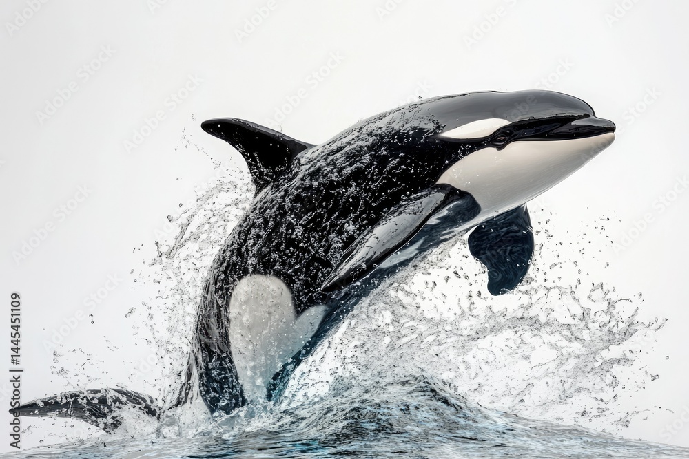 Obraz premium Orca whale leaping from the ocean, creating a splash of water against a white background.