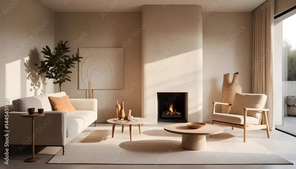 Fototapeta premium Minimalist Beige Living Room Interior with Fireplace and Natural Light