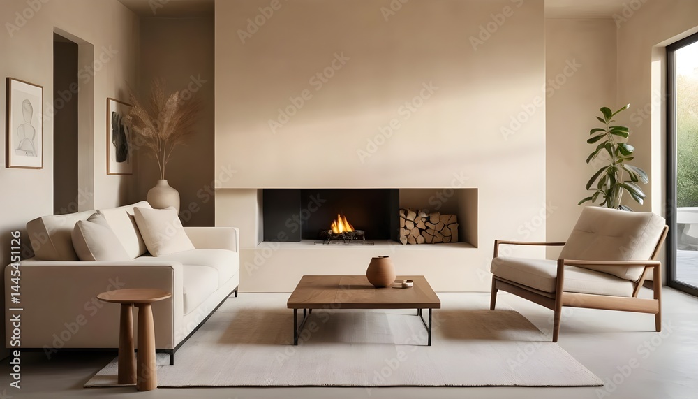 Fototapeta premium Minimalist Living Room Interior with Beige Sofa and Fireplace