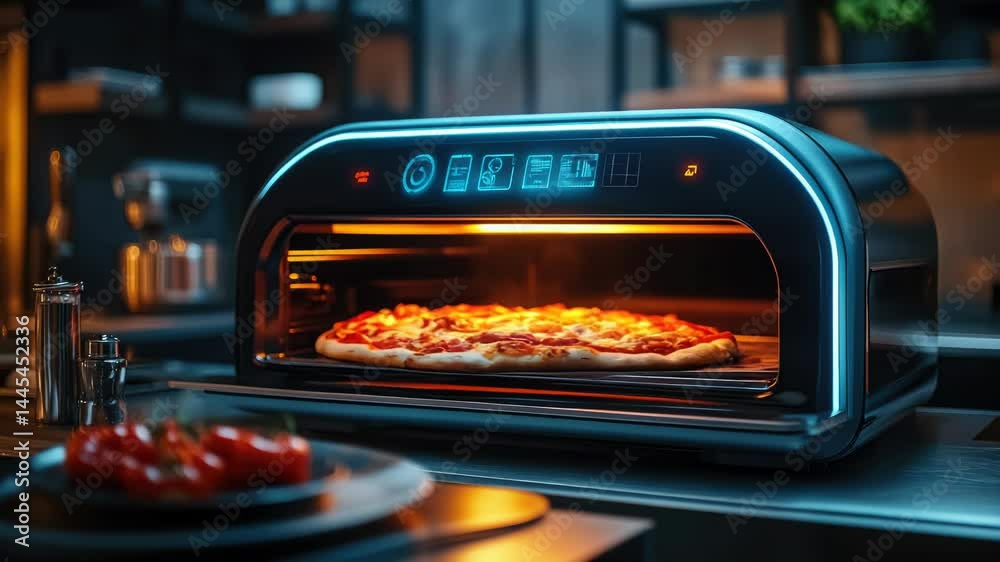 Cutting-edge AI-controlled pizza oven with futuristic design and glowing digital interface in a high-tech kitchen,