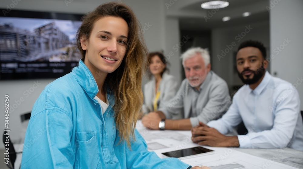 Obraz premium Young female healthcare professional smiling in a modern conference room with diverse team members in the background