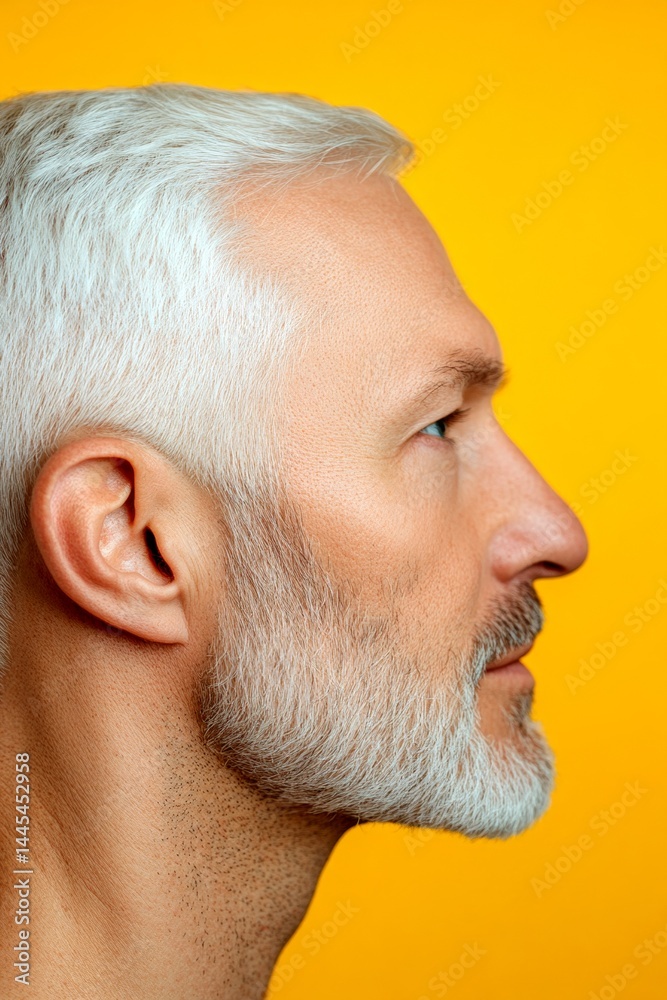 Fototapeta premium Trendy men's low fade haircut - midlife white man with white hair. Creative of style for aging men. A poised man displaying elegance and charm. Yellow solid background.
