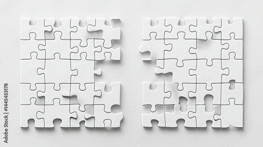 Blank white puzzle game mockup with 3D jigsaw pieces merging, ideal for design projects or fun game ideas. Blank white puzzle game mockup with 3D jigsaw pieces merging, ideal for design projects or fun game ideas.