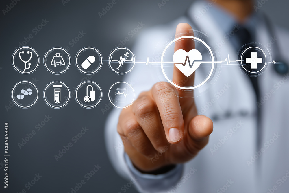 doctor pointing at health icons on digital interface, showcasing medical technology and healthcare concepts. image reflects innovation in patient care and medical services doctor pointing at health icons on digital interface, showcasing medical technology and healthcare concepts. image reflects innovation in patient care and medical services