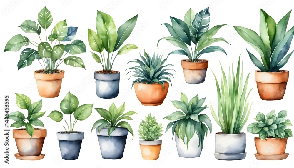 Fototapeta premium Watercolor Collection of Houseplants in Pots