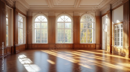Sunlit elegant ballroom with large arched windows and wooden floors
