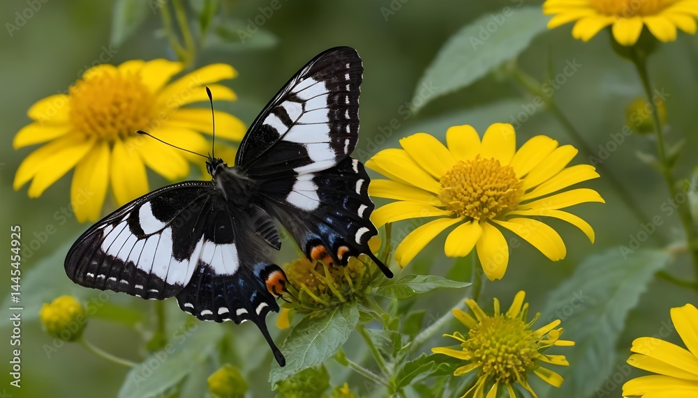 Black and White Butterfly on Yellow Flower Black and White Butterfly on Yellow Flower