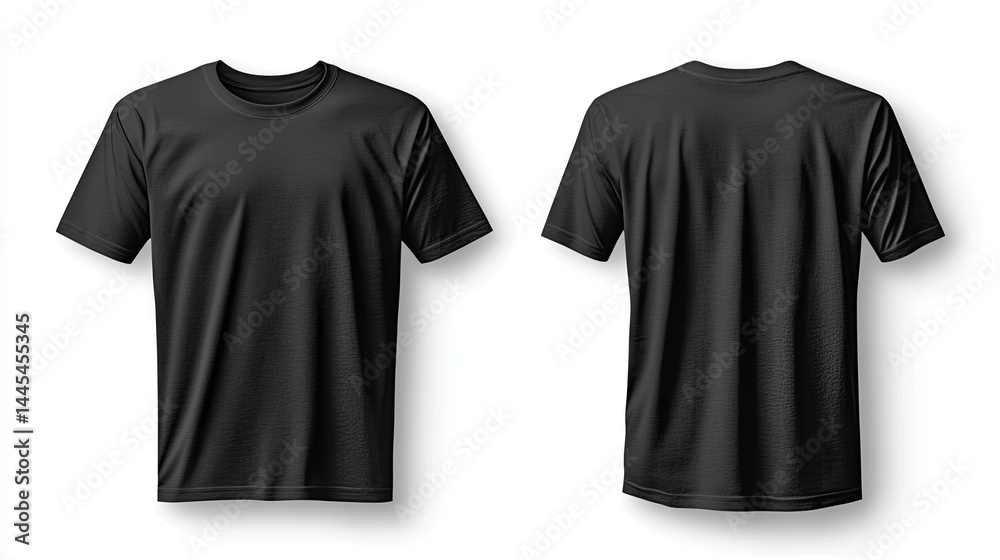 Black T-shirt template on white background, displaying both front and back sides. Black T-shirt template on white background, displaying both front and back sides.