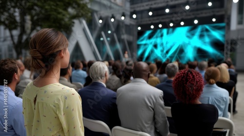 Audience Attending Conference or Presentation in an Outdoor Urban Setting with Large Digital Screen photo
