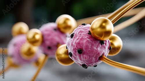 Artistic digital illustration of a futuristic brain model with pink tissue, black nodes, and gold metallic spheres connected by gold rods