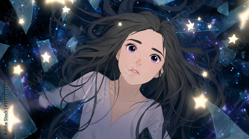 Anime character floating in dreamy space, expressing wonder  