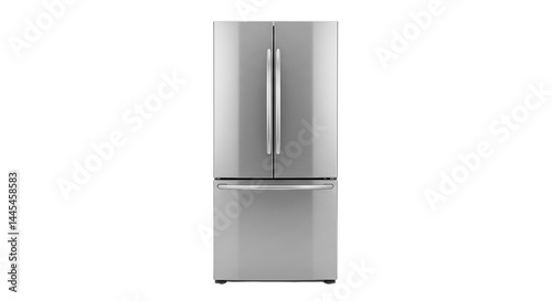 A stainless steel french door refrigerator with freezer drawer on a black background in a studio shot