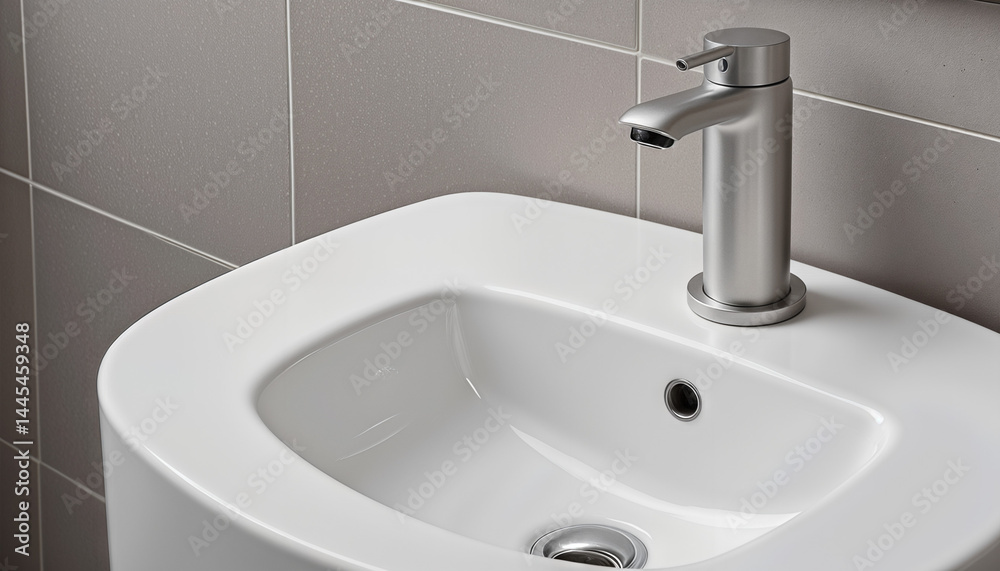 Sleek ceramic sink with chrome faucet in modern bathroom, minimalism Sleek ceramic sink with chrome faucet in modern bathroom, minimalism
