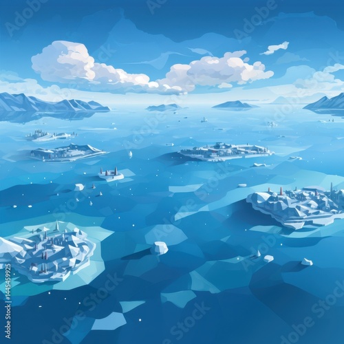 Majestic Arctic Landscape with Icebergs and Mountainous Islands under Bright Sky in a Low Poly Art Style