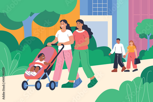 Couple enjoying walk in park with stroller and friends nearby