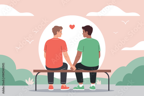 Two men holding hands on park bench at sunset