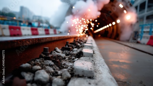 Close-up view of a railway tunnel construction site with sparks and smoke, urban setting, safety barriers, daytime lighting photo