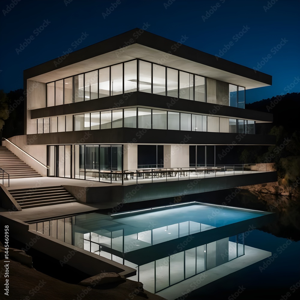 Fototapeta premium Modern Concrete House with Infinity Pool at Night