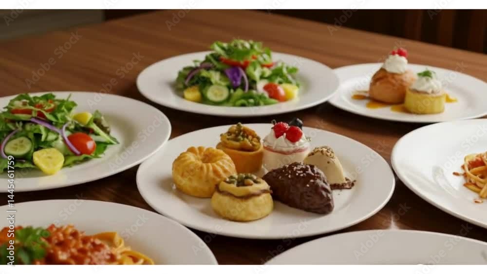 Sobre a mesa, vários pratos de comidas variadas — incluindo massas, saladas frescas, carnes grelhadas e sobremesas — todos arrumados de maneira harmoniosa e apetitosa.