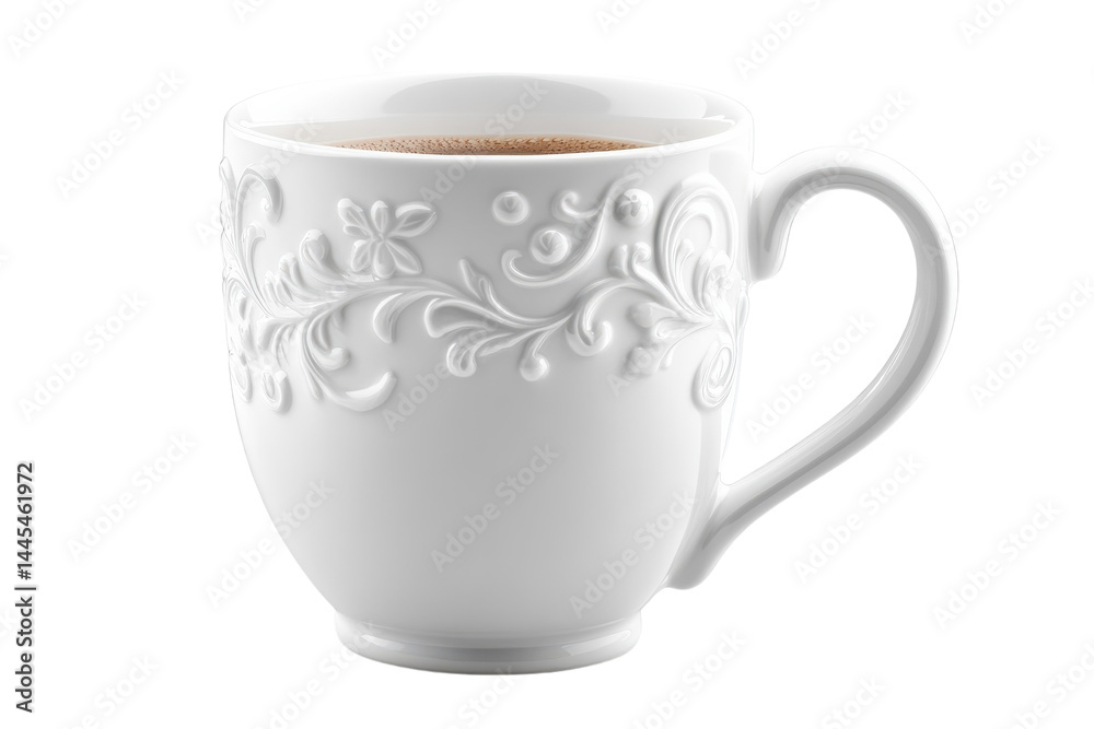 Obraz premium Elegant white mug embossed floral design perfect for tea or coffee soft light studio shot
