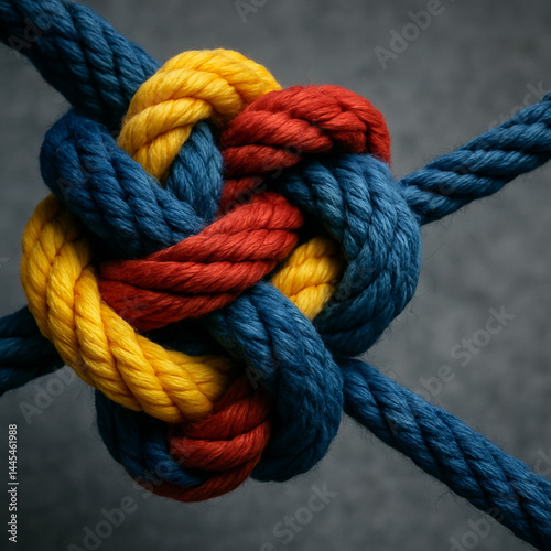 Verflochten – Knoten mehrfarbiger Seile als Symbol europäischer Verbundenheit Interwoven – Knot of Multicolored Ropes Symbolizing European Cohesion