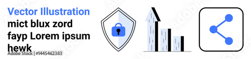 Shield with lock for data security, bar chart with upward arrow signifying growth, and social media sharing icon. Ideal for cybersecurity, analytics, marketing, connectivity, technology, e-commerce