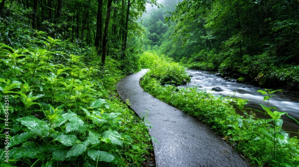 Fototapeta premium Serene winding path through lush green forest after the rain.