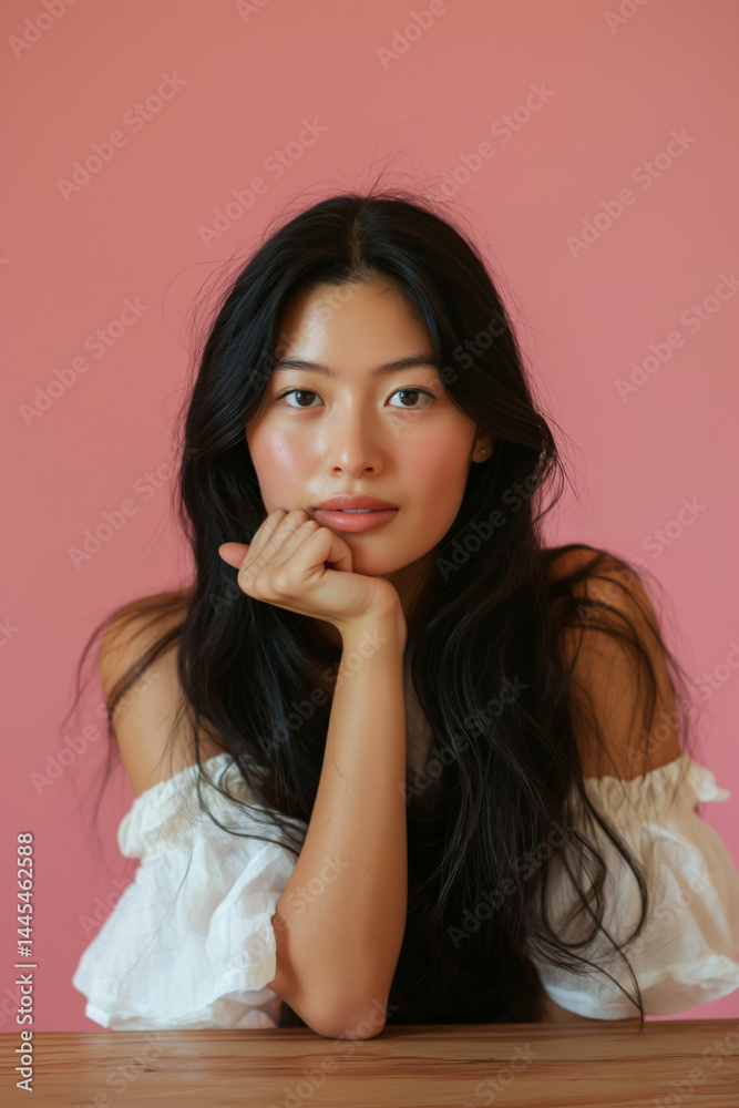 Fashion-style portrait of an Asian woman with natural makeup and relaxed pose, ideal for beauty, self-care, or celebration themes. Fashion-style portrait of an Asian woman with natural makeup and relaxed pose, ideal for beauty, self-care, or celebration themes.