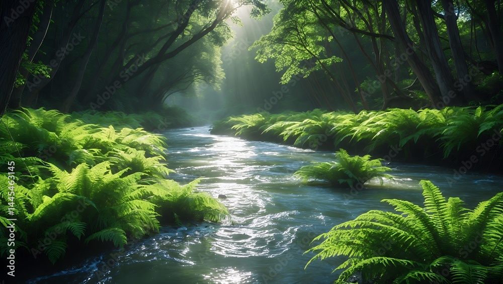 Fototapeta premium River flows through Fern filled Forest