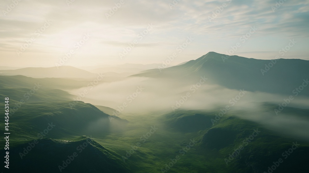 Fototapeta premium Serene mountain range covered by a blanket of fog during sunrise atmosphere