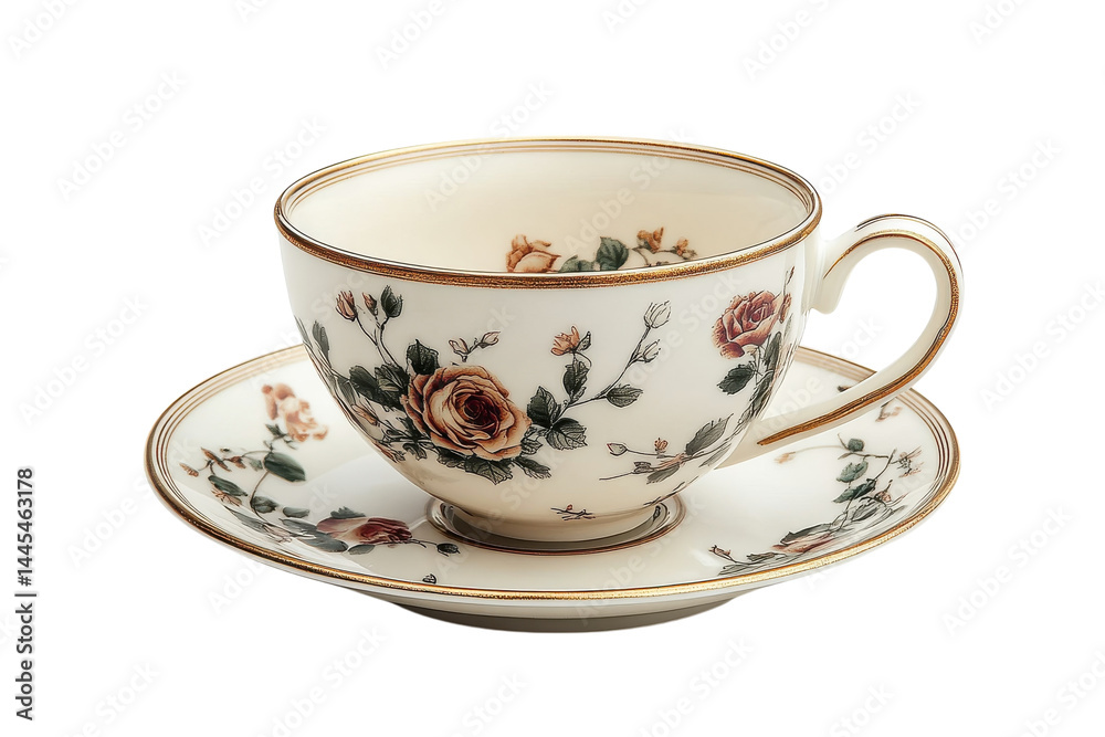 Elegant teacup and saucer with delicate floral design creamy white porcelain gold rim detail Elegant teacup and saucer with delicate floral design creamy white porcelain gold rim detail