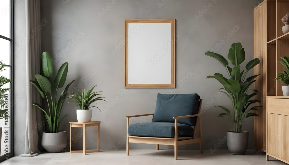 Fototapeta premium Modern Living Room Interior with Empty Frame, Armchair, and Plants