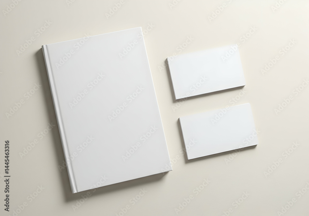 Blank book and business cards mockup template on beige background for branding identity design presentation Blank book and business cards mockup template on beige background for branding identity design presentation