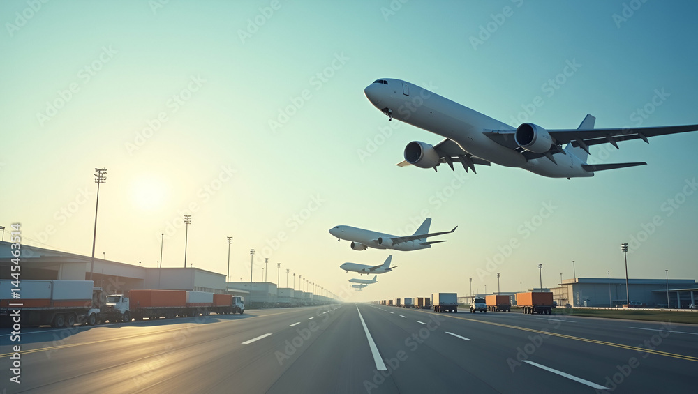 Obraz premium Global air transport scene with multiple cargo planes taking off from busy international airport highlighting cargo being moved between countries via air in Photo Stock Concept and empty space on t