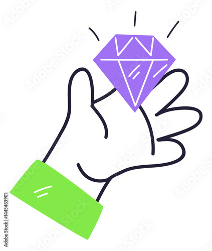 Illustration of a hand holding a sparkling diamond, symbolizing value and luxury.