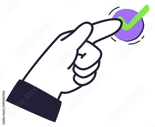 Hand pointing at a button with a checkmark, symbolizing approval or selection.