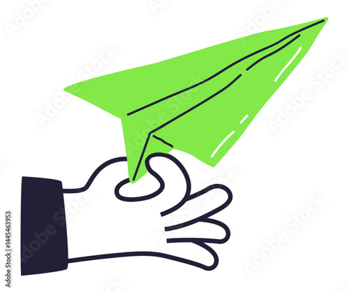 A hand holding a green paper plane, symbolizing creativity and new beginnings.