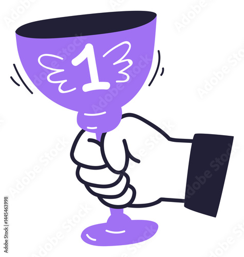 A hand holding a purple trophy with the number one, symbolizing victory and achievement.