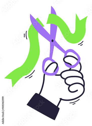 A hand with scissors cuts a green ribbon, symbolizing a new beginning or grand opening.